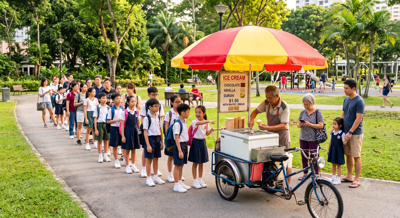 The Ice Cream Uncle's Queue — PSLE oral stimulus picture
