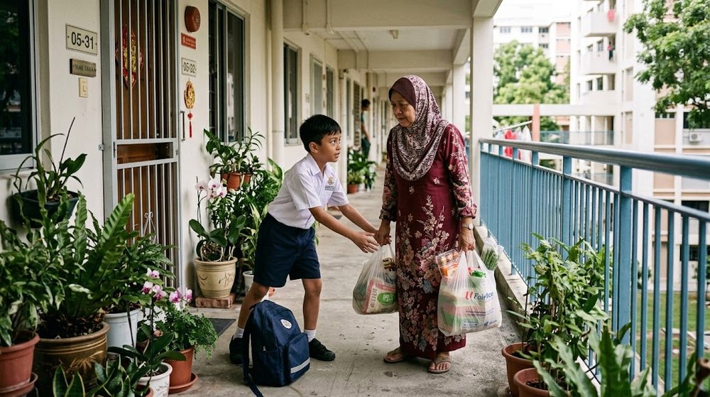 Babak 2: Seorang murid lelaki berhenti, menghulurkan tangan dan menawarkan diri membawa beg itu.