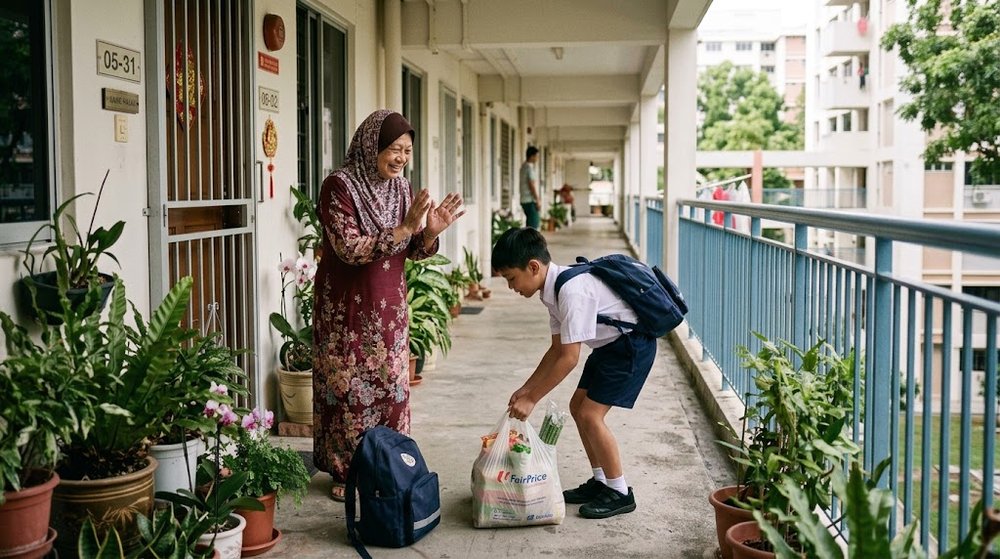 Babak 3: Mereka sampai di pintu rumah nenek itu. Nenek tersenyum dan mengucapkan terima kasih.
