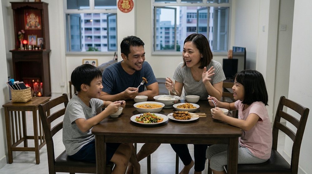 Babak 3: Mereka makan sambil berbual dan ketawa. Bekas telefon itu terletak jauh dari meja.