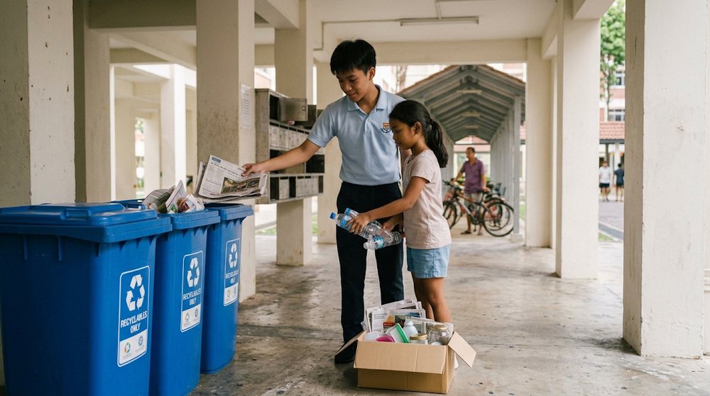 Babak 3: Mereka berdua mengasingkan botol dan kertas ke dalam tong kitar semula itu.
