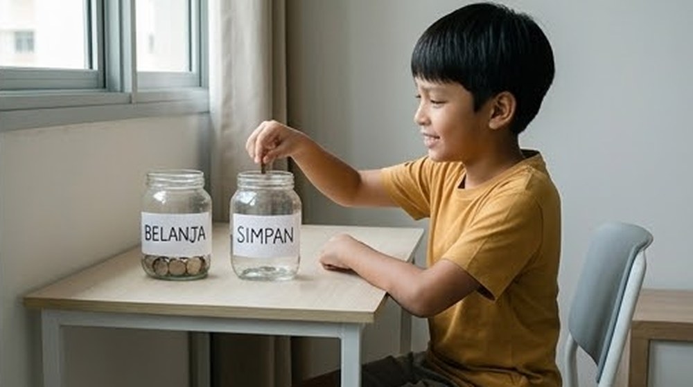 Babak 2: Dia duduk di meja dan mengasingkan wang sakunya ke dalam dua bekas kecil.