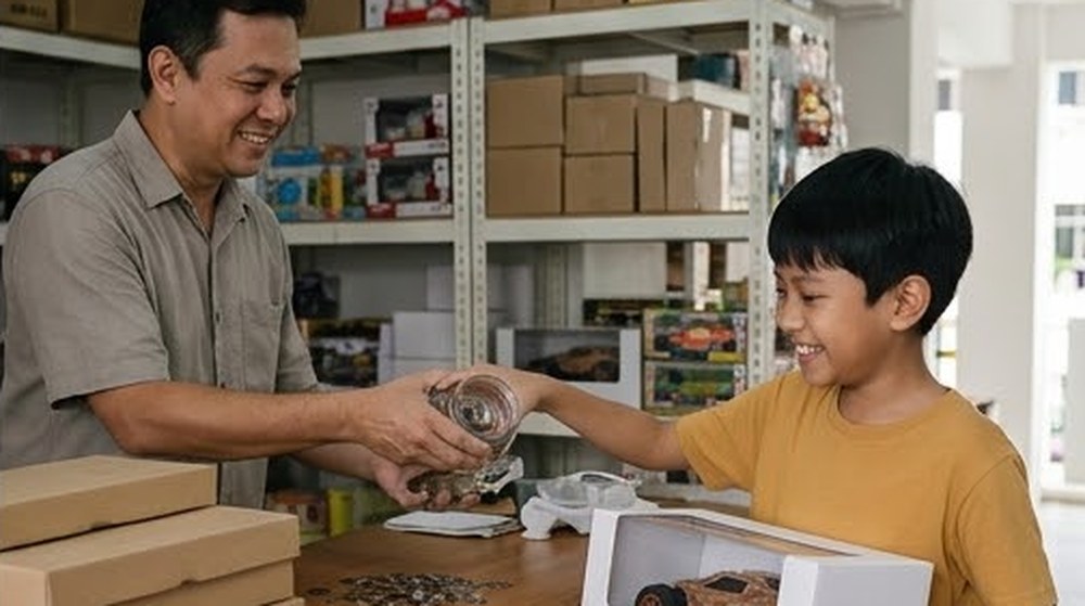 Babak 4: Dia kembali ke kedai dan membeli permainan itu dengan wang simpanannya sendiri.