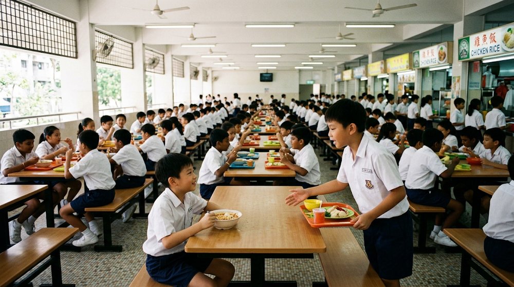 Babak 2: Seorang murid lain datang ke meja itu sambil memegang dulangnya dan menunjuk ke arah tempat duduk yang kosong.
