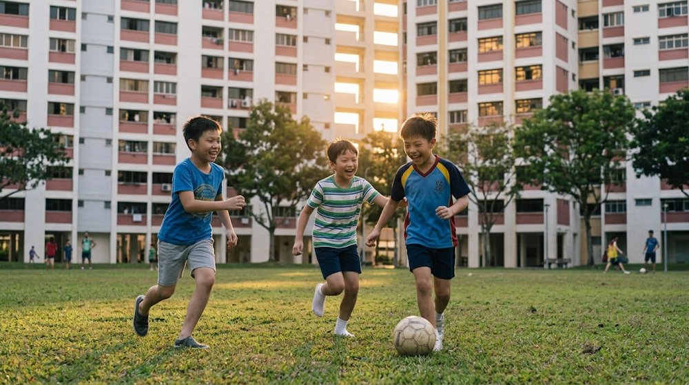 Babak 3: Mereka bertiga bermain bola sepak di padang di bawah blok pada waktu petang.