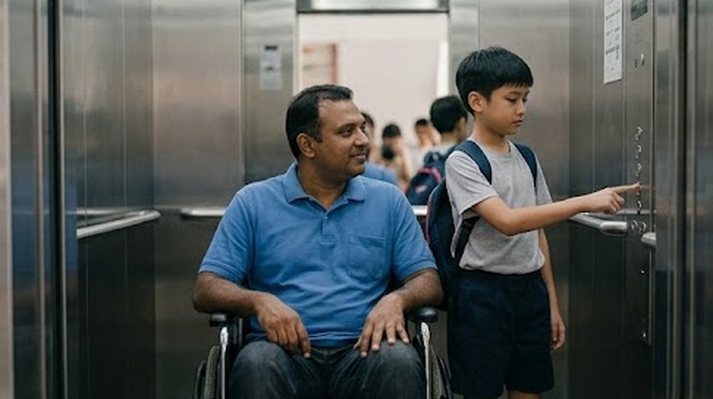 Babak 3: Di dalam lif, budak itu menekan butang tingkat untuk lelaki itu.