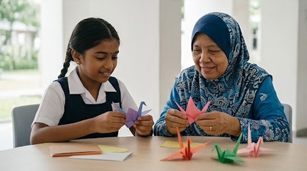 Babak 3: Dia melipat burung kertas bersama seorang nenek Melayu.