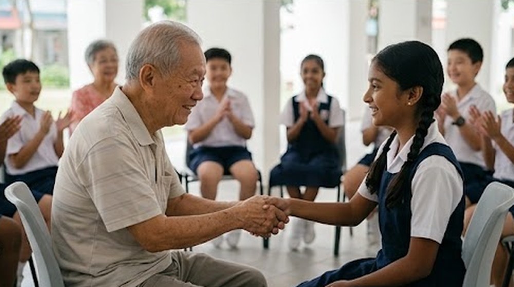 Babak 4: Murid itu bersalaman dengan datuk itu, sementara rakan-rakannya bertepuk tangan.
