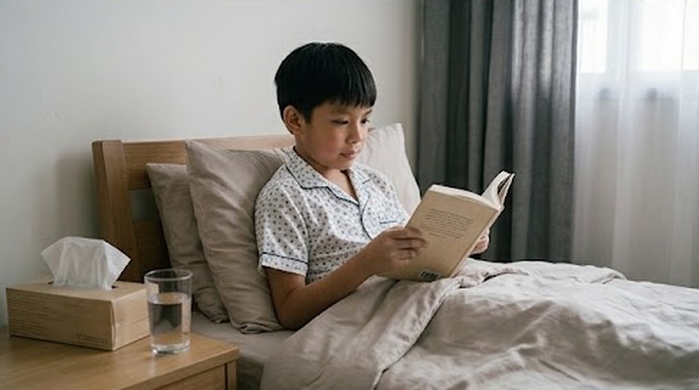 Babak 3: Selepas beberapa hari, dia sudah sihat dan membaca buku di atas katil.
