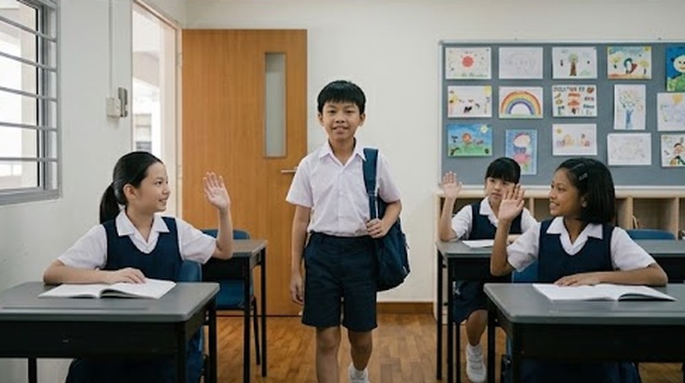 Babak 4: Apabila dia kembali ke sekolah, rakan-rakan sekelasnya melambai dengan gembira.