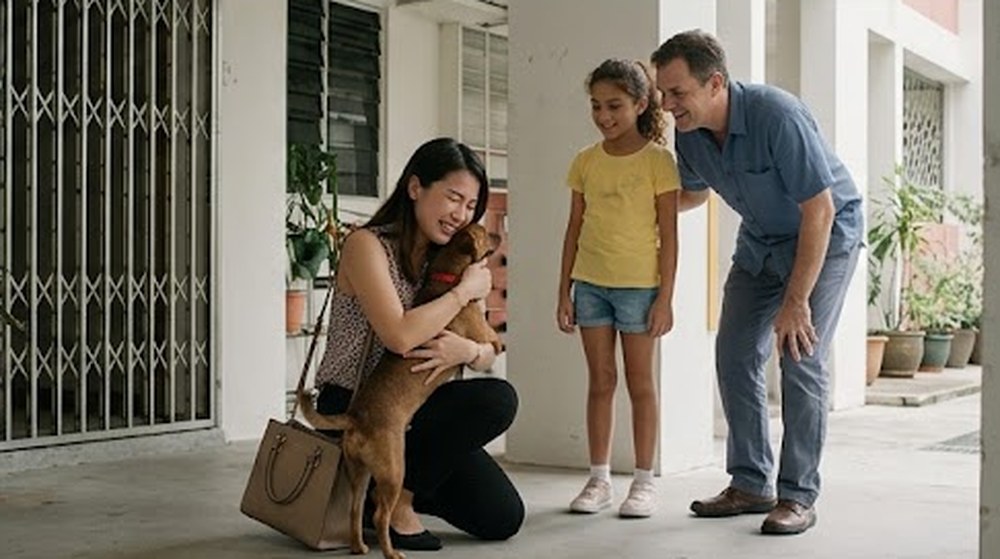Babak 4: Pemilik anjing itu memeluk anjingnya dengan gembira di hadapan pintu rumahnya.