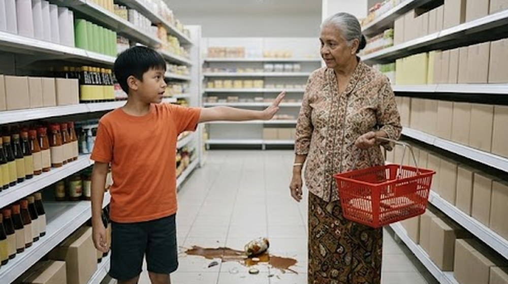 Babak 2: Seorang budak lelaki mendepakan tangan untuk menghalang seorang nenek daripada terpijak tumpahan itu.