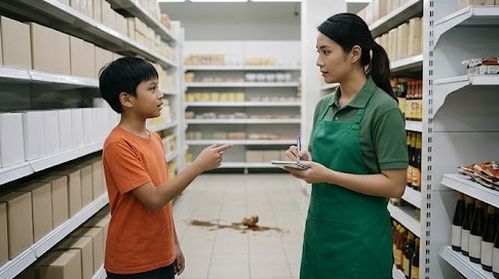 Babak 3: Budak itu memberitahu seorang pekerja pasar raya tentang tumpahan itu.