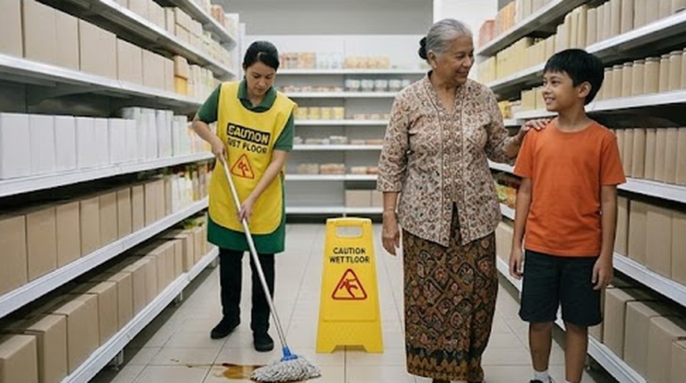 Babak 4: Pekerja itu mengemop lantai dan meletakkan papan tanda lantai basah, sementara nenek itu berjalan dengan selamat.