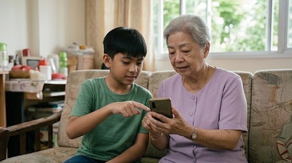 Babak 2: Di rumah, cucunya menunjukkan cara membayar dengan telefon di atas sofa.