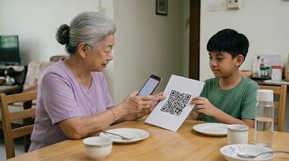 Babak 3: Nenek berlatih mengimbas kod QR yang dicetak di atas kertas di meja makan.