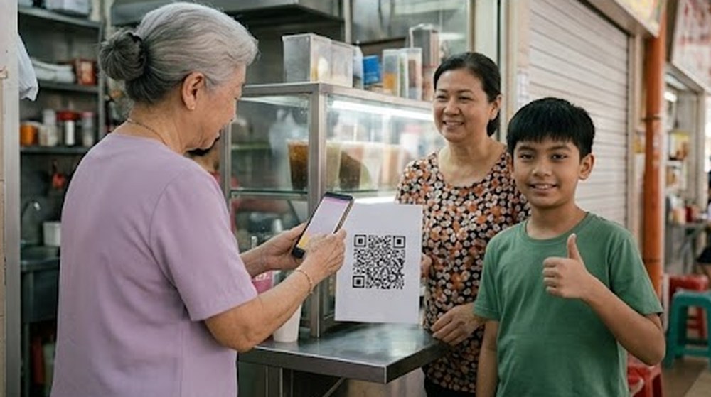 Babak 4: Di gerai, nenek berjaya mengimbas kod itu. Makcik penjual tersenyum, dan cucunya mengangkat ibu jari.