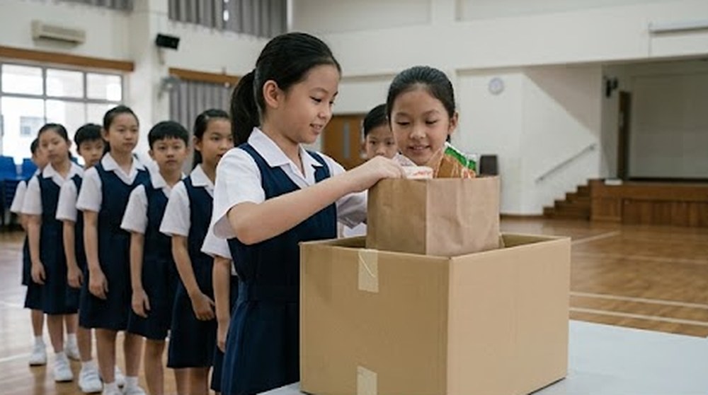 Babak 2: Di dewan sekolah, murid-murid beratur, dan budak itu memasukkan begnya ke dalam kotak derma.