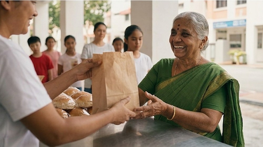 Babak 4: Nenek itu menerima roti yang dibelinya sambil tersenyum. Budak lelaki itu kini beratur di belakang bersama orang lain.