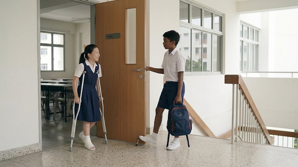 Babak 3: Dia membukakan pintu kelas dan menahannya supaya murid perempuan itu dapat masuk.