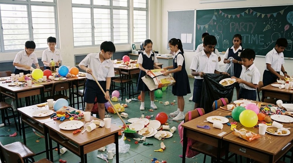 Babak 2: Semua murid mengemas bersama-sama. Ada yang menyapu, ada yang memasukkan sampah ke dalam beg plastik.