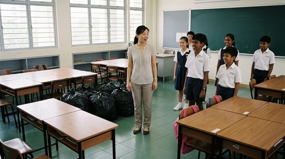 Babak 3: Bilik darjah kembali bersih. Beg-beg sampah disusun di tepi dan guru berdiri memandang murid-muridnya.