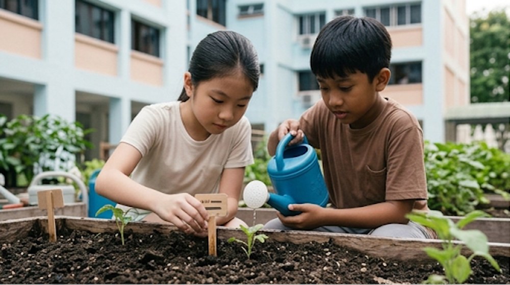 Babak 2: Kanak-kanak itu menyiram anak pokok yang baru tumbuh.