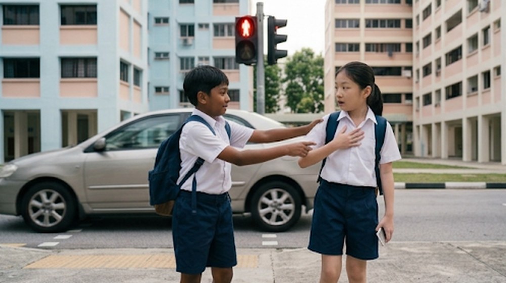 Babak 2: Mereka berdiri di tepi jalan. Murid perempuan itu memegang dadanya kerana terkejut, dan rakannya menegurnya.