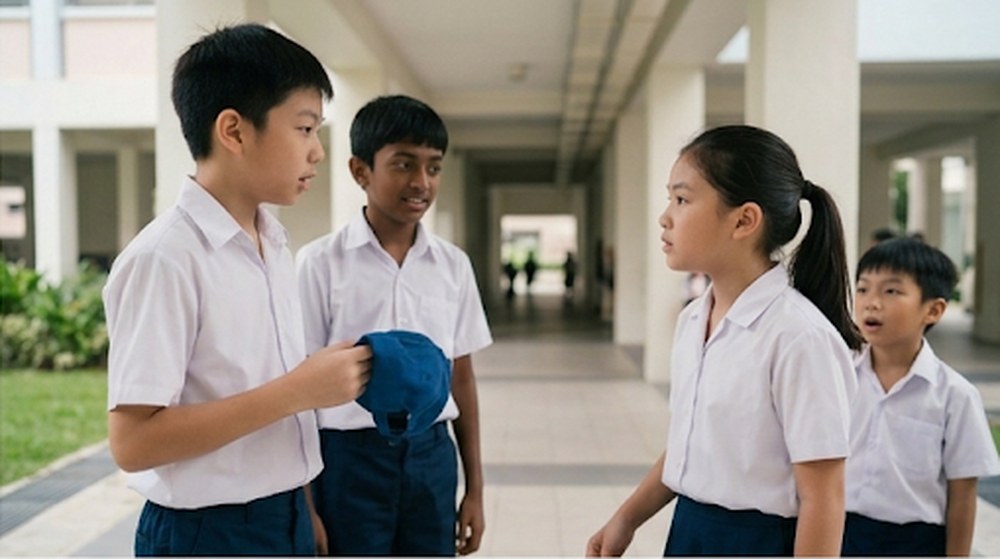 画面 2: 一个女孩走过来,严肃地对男孩说话。
