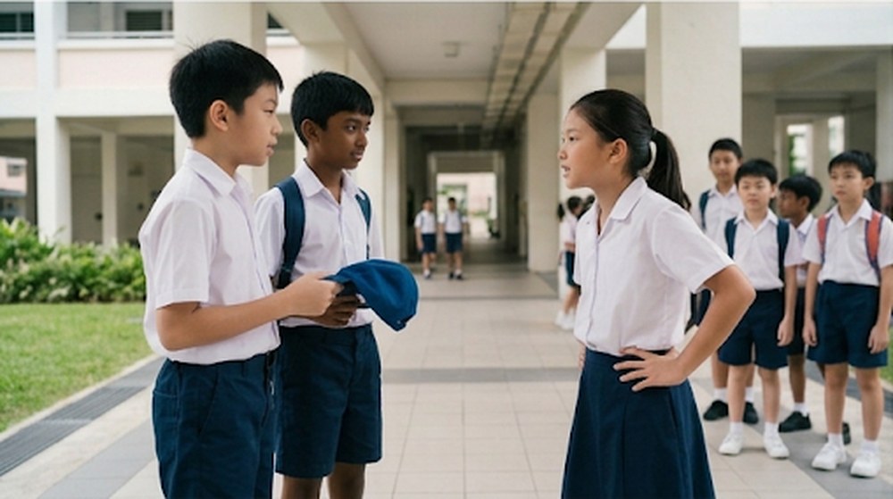 画面 3: 男孩把帽子还给了小同学。