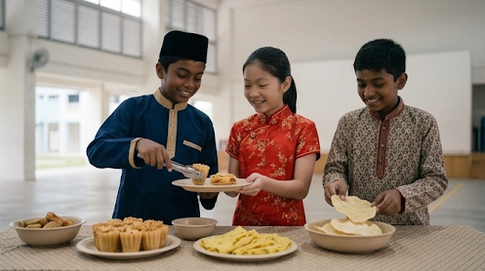 Babak 2: Mereka berkongsi kuih-muih daripada pelbagai kaum di sebuah meja.