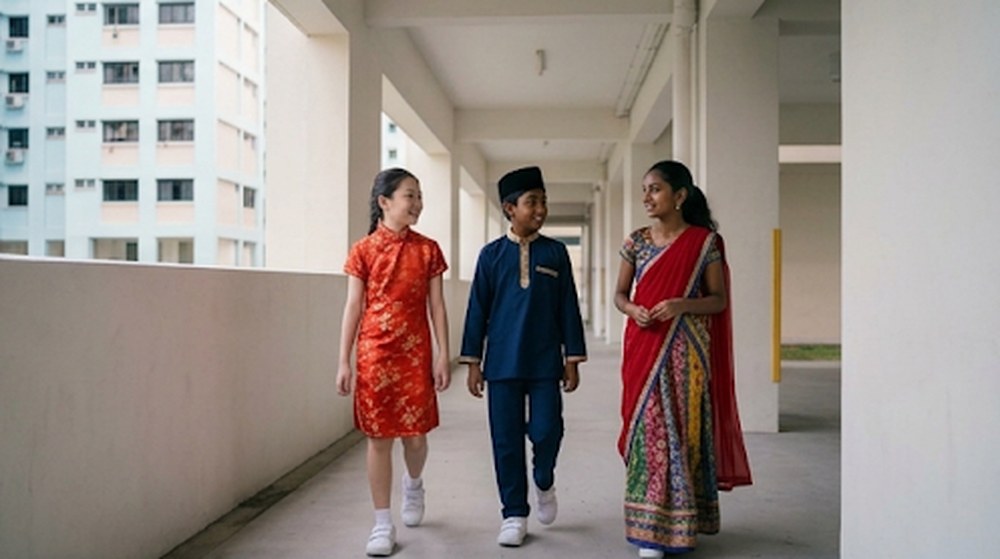 Babak 4: Tiga sekawan itu berjalan bersama-sama di koridor sekolah dengan pakaian tradisional mereka.