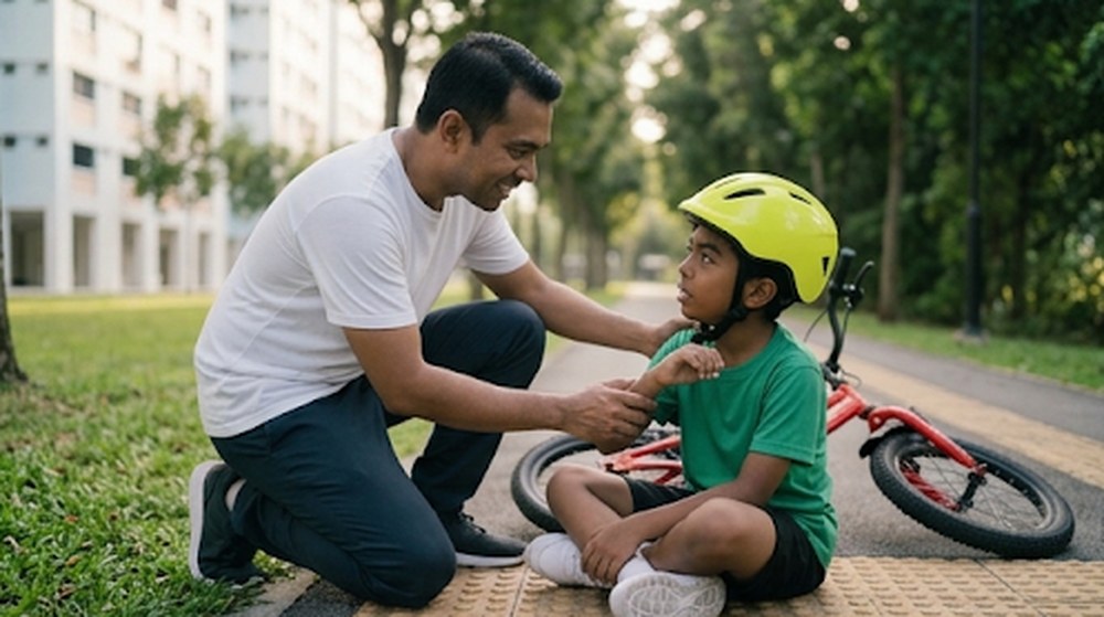 画面 2: 爸爸蹲在他身边,检查他的手,安慰他。