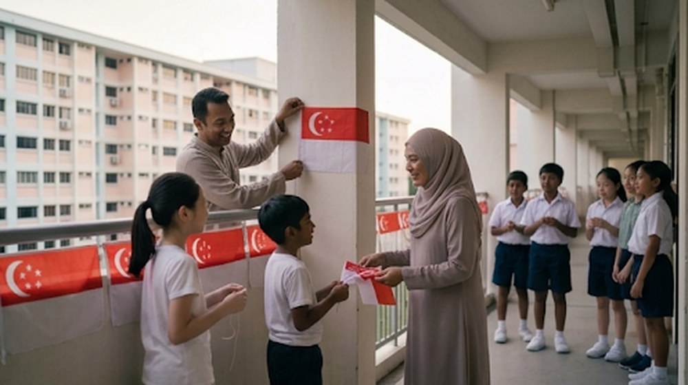 Babak 2: Jiran-jiran daripada pelbagai kaum turut membantu menggantung bendera dan berkongsi bendera kecil.