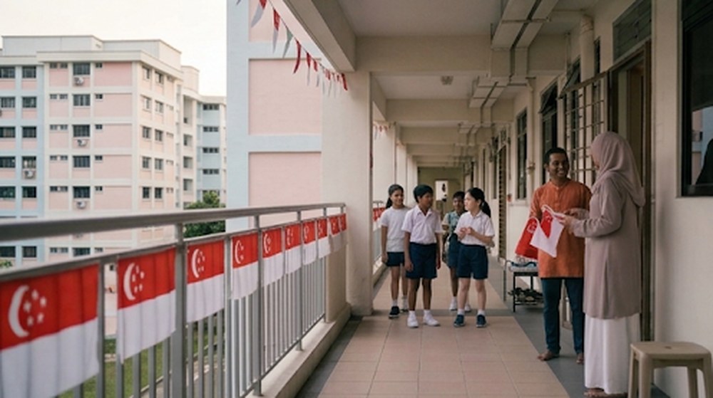 Babak 3: Koridor itu dipenuhi bendera merah putih, dan jiran-jiran berbual di luar rumah.