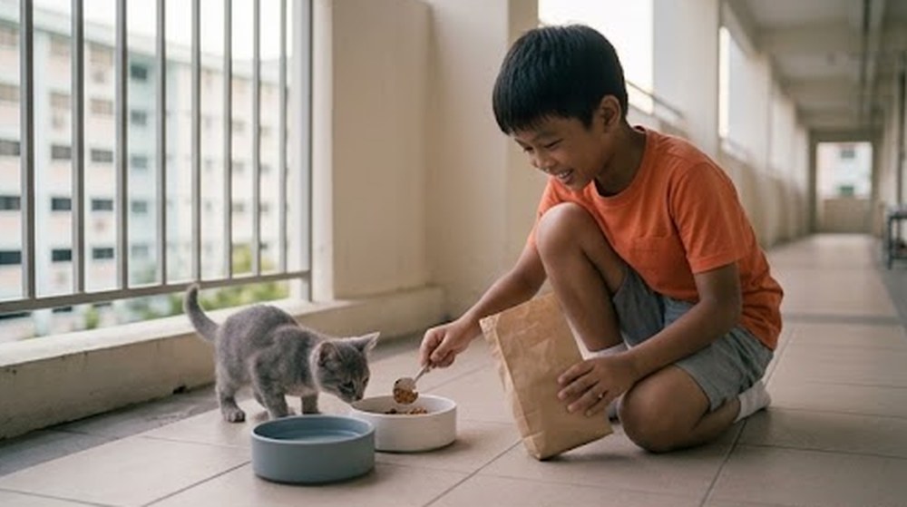 Babak 2: Budak lelaki itu memberi anak kucing itu makan di koridor.