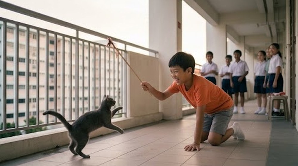 Babak 4: Dia bermain dengan anak kucing itu menggunakan mainan bertali, sementara beberapa orang murid memerhati.