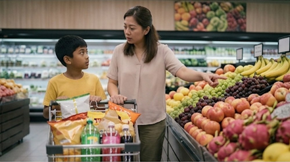 Babak 2: Ibunya menunjuk ke arah bahagian buah-buahan.