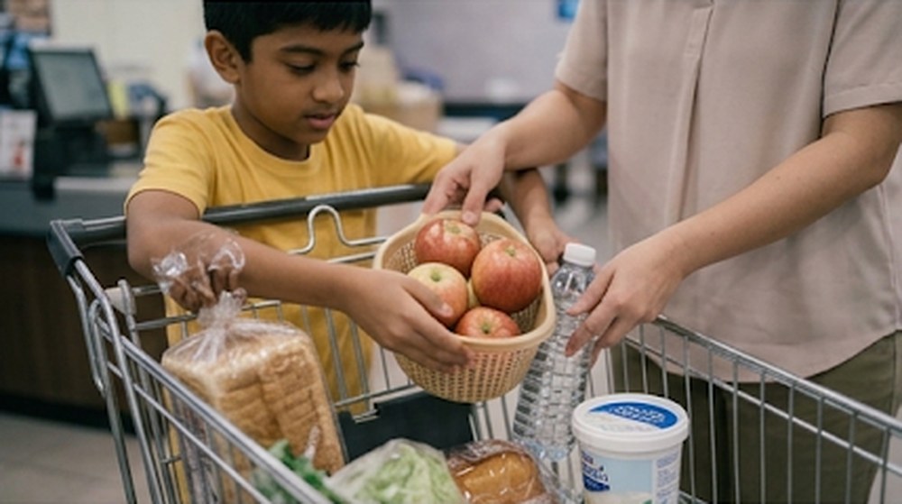 Babak 3: Budak itu memasukkan sebakul epal ke dalam troli, bersama roti, air kosong dan yogurt.