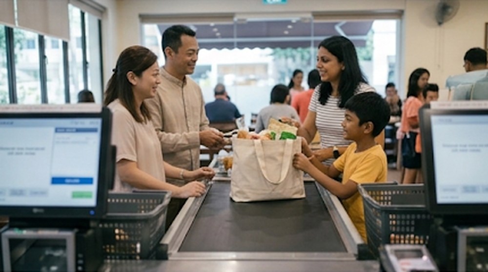 Babak 4: Di kaunter bayaran, keluarga itu membayar barang-barang yang lebih sihat.