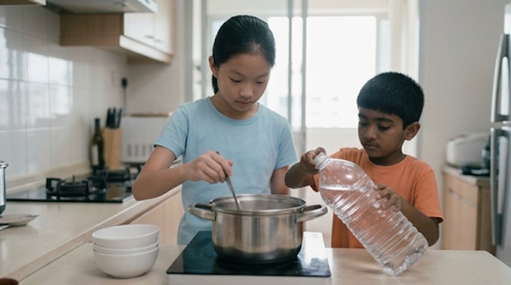 Babak 2: Si kakak memasak bubur di dapur, dan si adik membawa sebotol air.