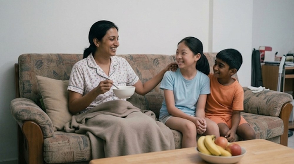 Babak 4: Ibu sudah semakin sihat. Dia tersenyum dan duduk bersama kedua-dua anaknya.