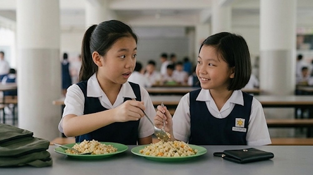 Babak 2: Sahabatnya perasan lalu menyudukan sebahagian nasi gorengnya ke dalam pinggan murid itu.