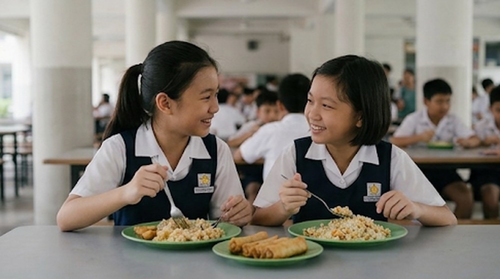 Babak 3: Mereka makan bersama sambil berbual dan ketawa. Ada juga sepinggan popia goreng untuk dikongsi.