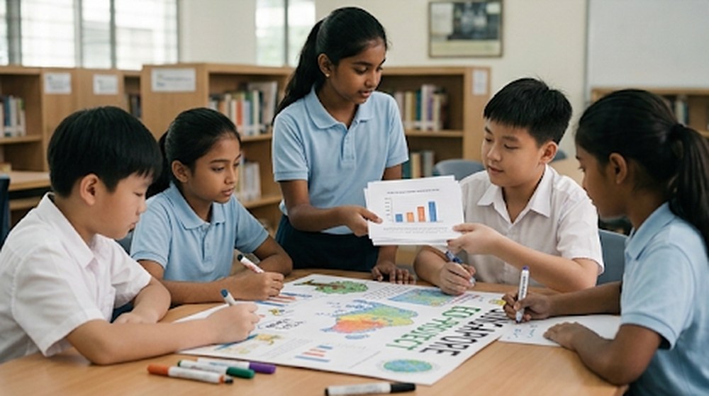 Babak 3: Murid lelaki itu kini turut membantu. Mereka berbincang tentang carta bar dan melengkapkan poster bersama-sama.