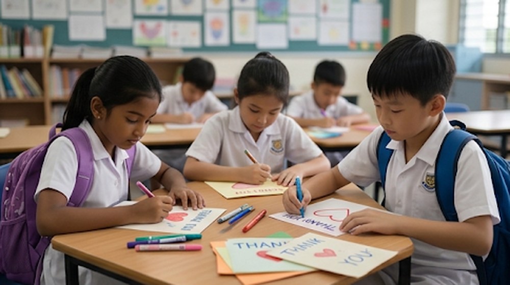 Babak 2: Di dalam kelas, beberapa orang murid membuat kad ucapan terima kasih dengan pen berwarna.