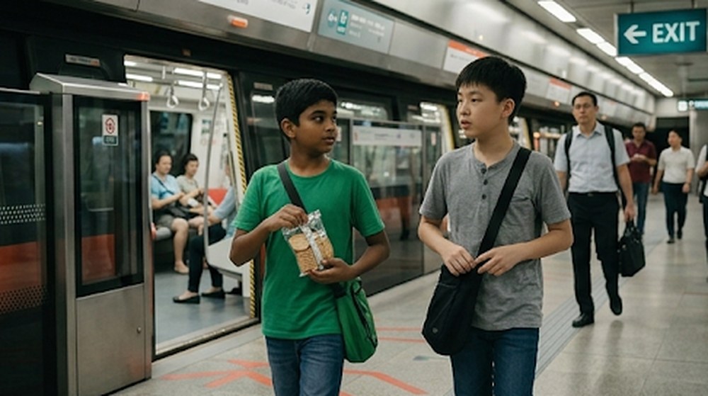 Babak 3: Budak itu menyimpan biskutnya. Mereka keluar dari tren dan berjalan di platform menuju ke pintu keluar.