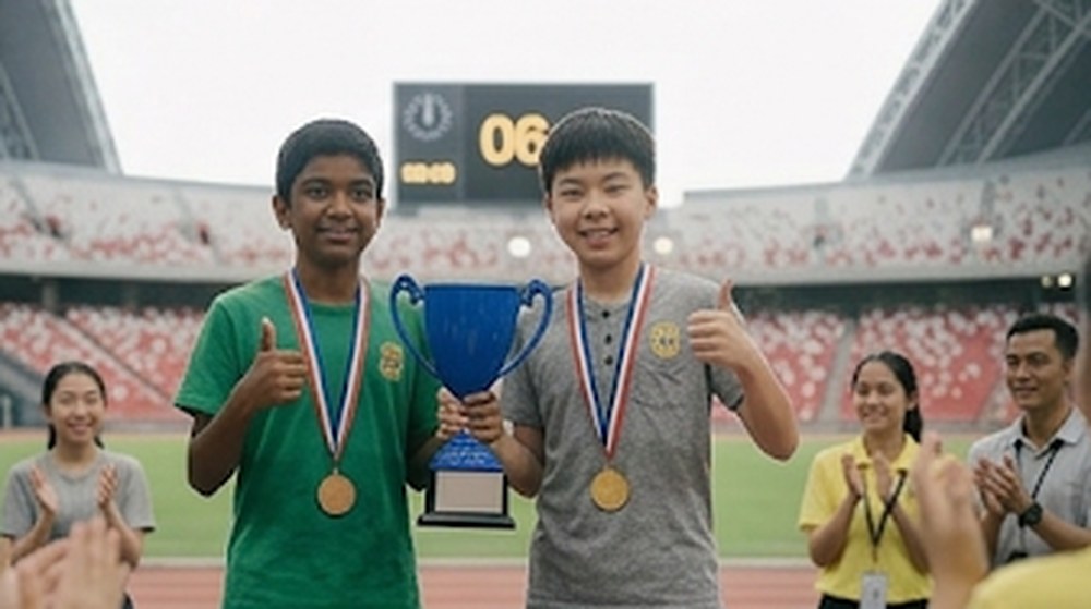 Babak 4: Dua orang murid memakai pingat dan memegang piala, sementara guru dan kawan-kawan bertepuk tangan.