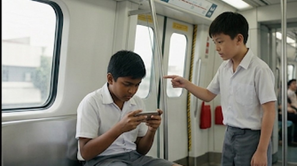 Babak 2: Seorang murid lelaki menuding ke arah pakcik itu untuk mengingatkan kawannya yang asyik bermain telefon.