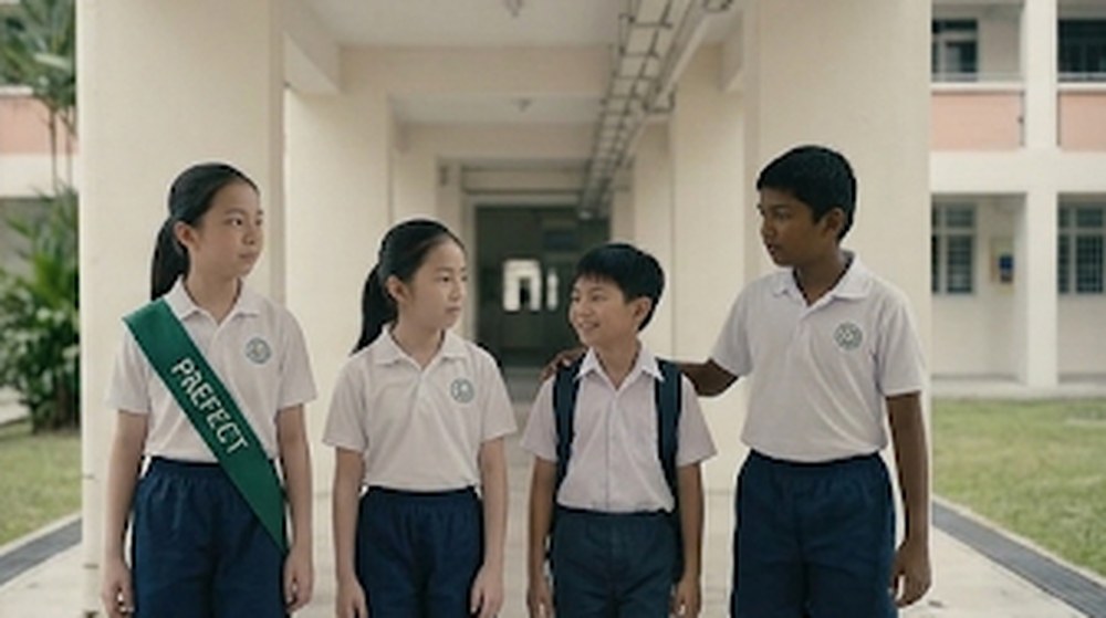 Babak 4: Akhirnya, mereka berdiri bersama sambil tersenyum. Murid itu meletakkan tangan di bahu kawan yang diusiknya tadi.